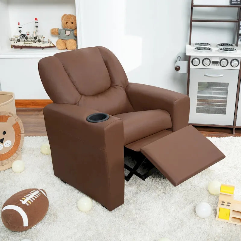 Fauteuil inclinable pour enfants en PVC avec fonction d'inclinaison par poussée, porte-gobelet et repose-pieds confortable