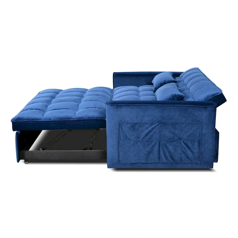 Causeuse futon moderne en velours avec dossier inclinable et poches, 2 places — Gris foncé / Gris clair / Bleu / Noir