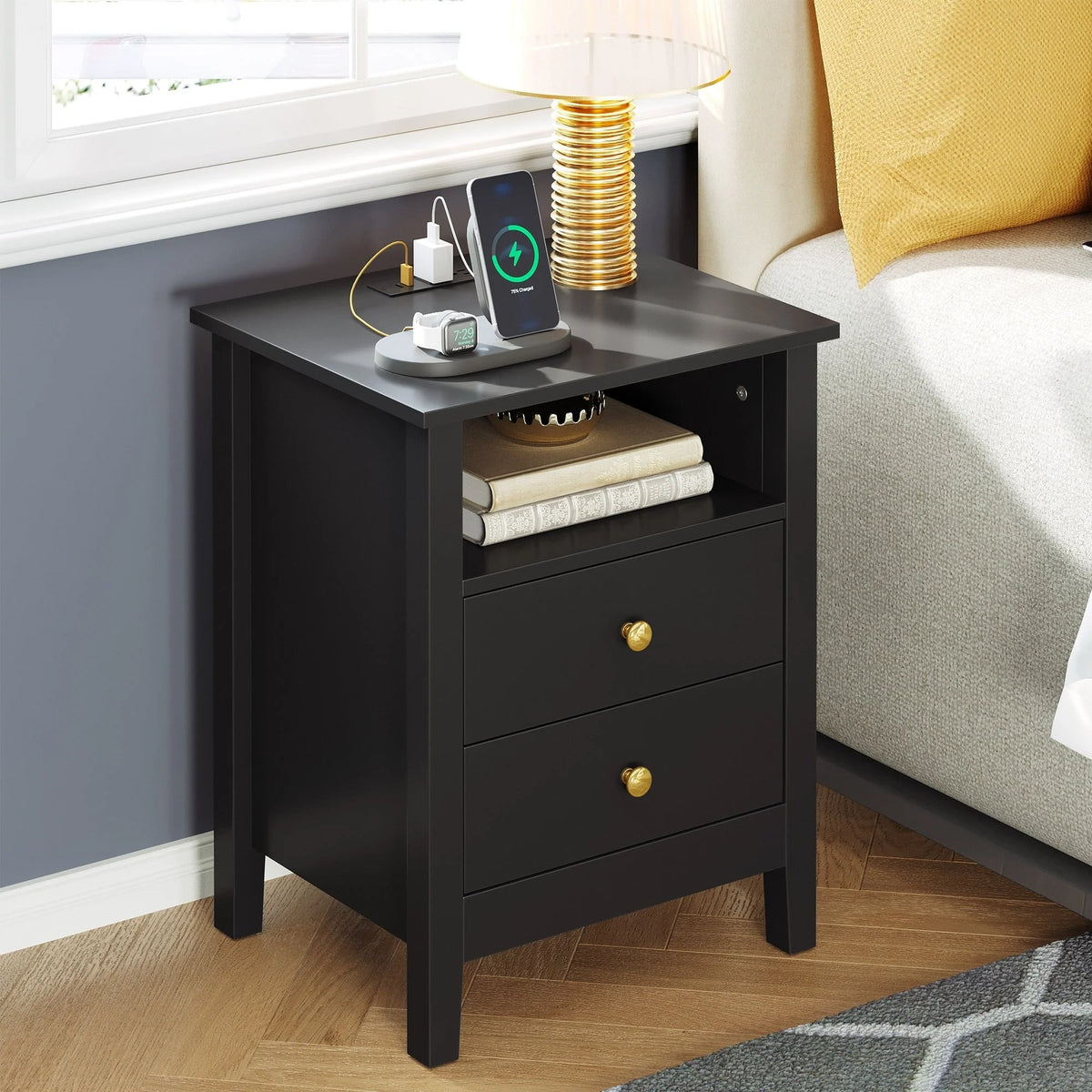 Tables de chevet (lot de 2) avec station de charge, table d'appoint avec 2 tiroirs, ports USB et prises, pour chambre à coucher