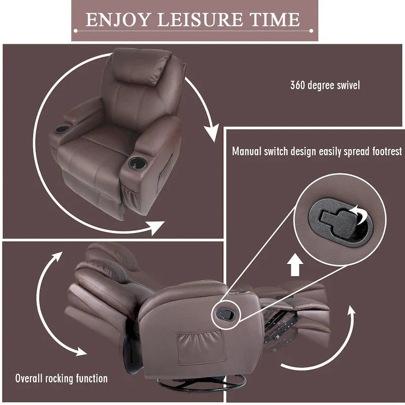 Fauteuil Inclinable de Massage Pivotant Chauffant en Similicuir pour Salon
