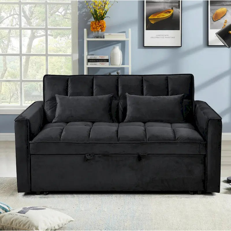 Causeuse futon moderne en velours avec dossier inclinable et poches, 2 places — Gris foncé / Gris clair / Bleu / Noir