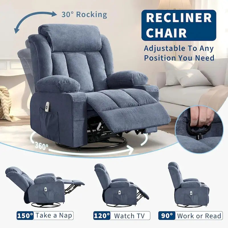 Fauteuil inclinable, Fauteuils à bascule avec massage et chauffage, Poches latérales et porte-gobelet