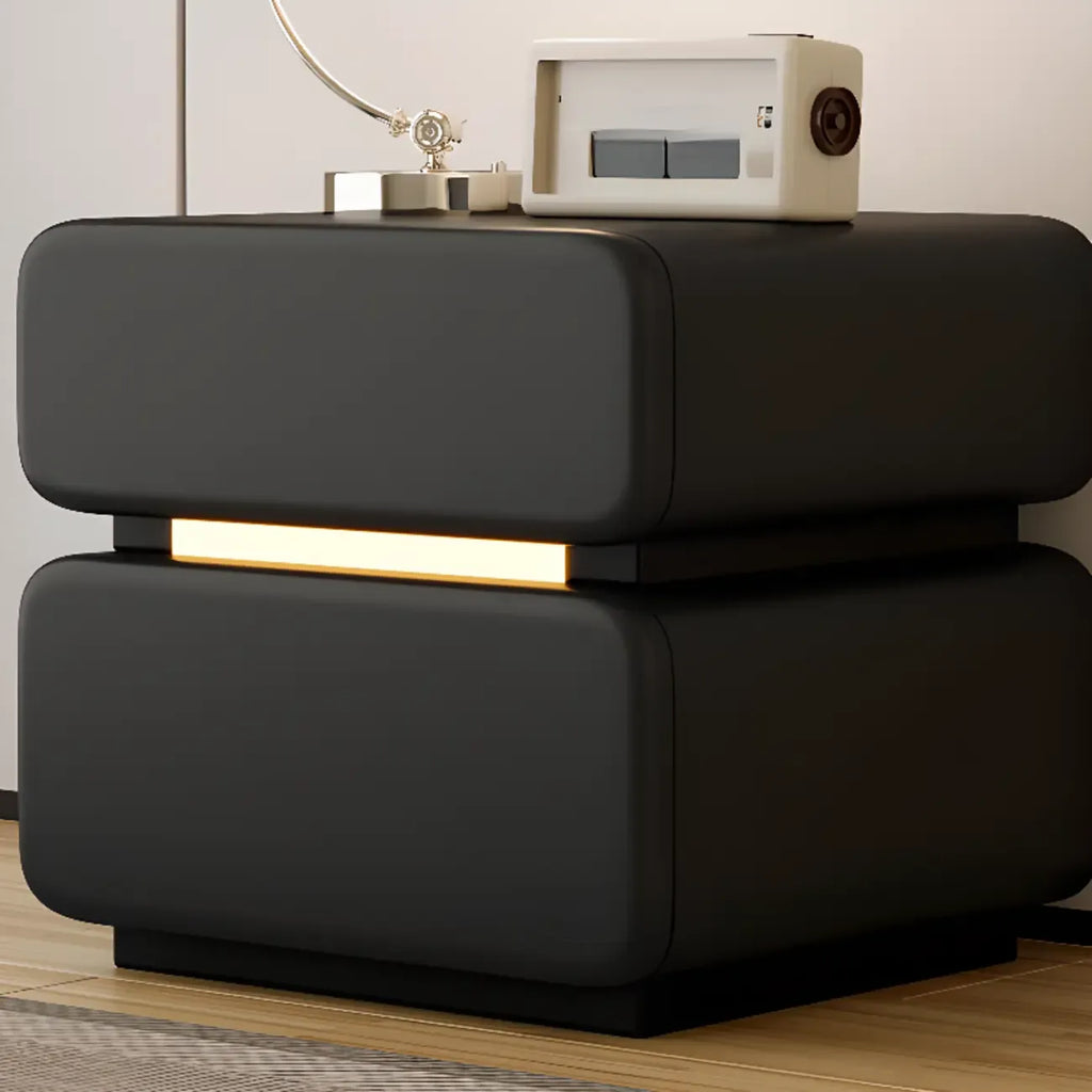 Table de chevet d'appoint moderne en cuir noir avec 2 tiroirs