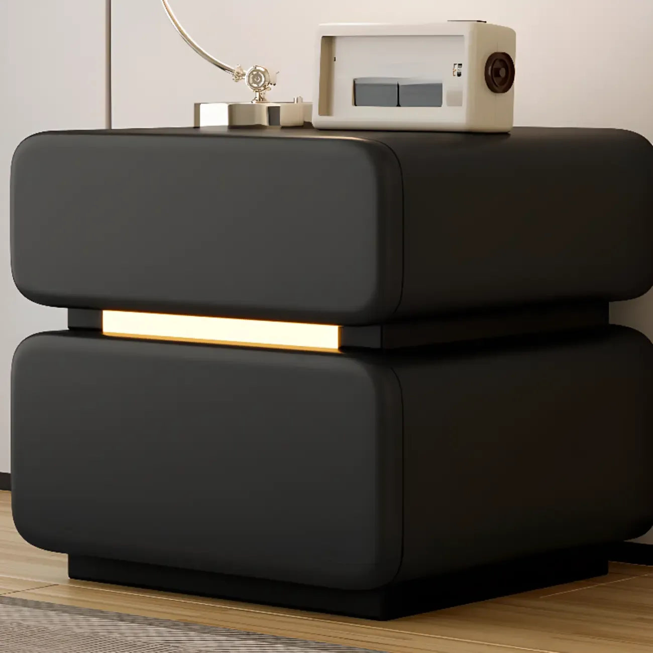 Table de chevet d'appoint moderne en cuir noir avec 2 tiroirs