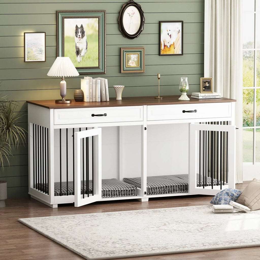 Meuble de chenil double en bois avec 2 tiroirs et séparateur