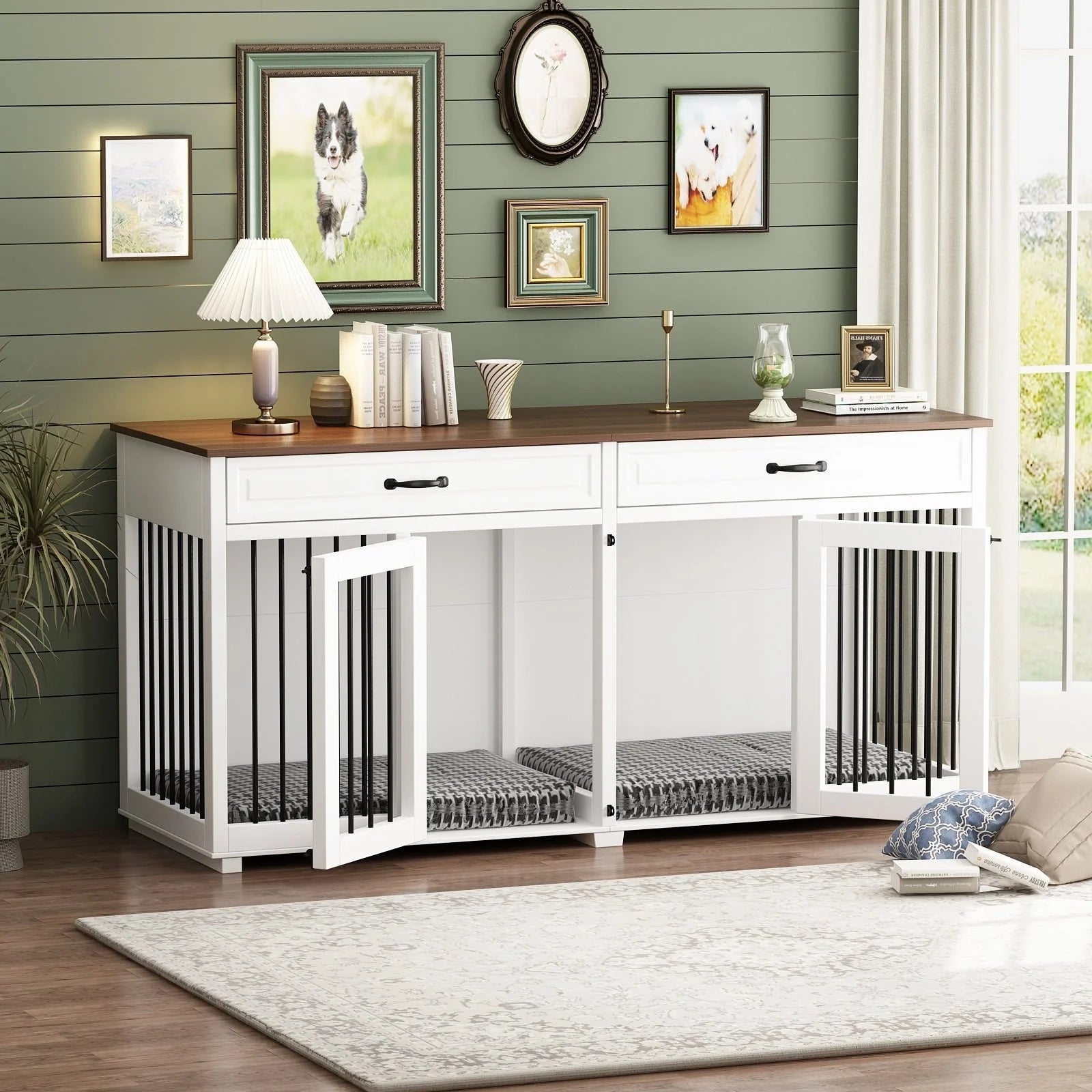 Meuble de chenil double en bois avec 2 tiroirs et séparateur