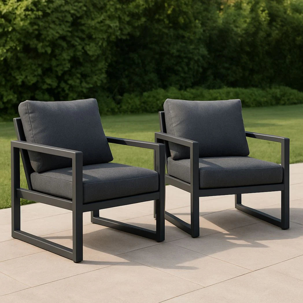 Set of 2 outdoor garden armchairs in grey aluminium with polyester cushions