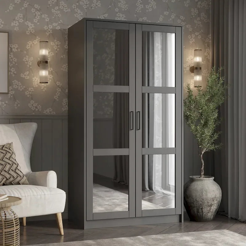 Palace Imports Armoire Urbaine 2 Portes 100% Bois Massif avec Portes Pleines et Miroirs