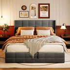 Cadre de lit relevable, sommier tapissier avec système de rangement hydraulique et tête de lit