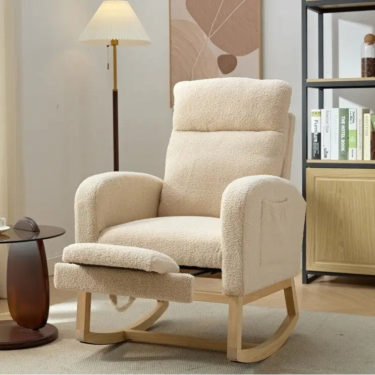 Fauteuil à bascule rembourré moderne de 75 cm de hauteur avec dossier haut, pieds en bois massif et repose-pieds réglable
