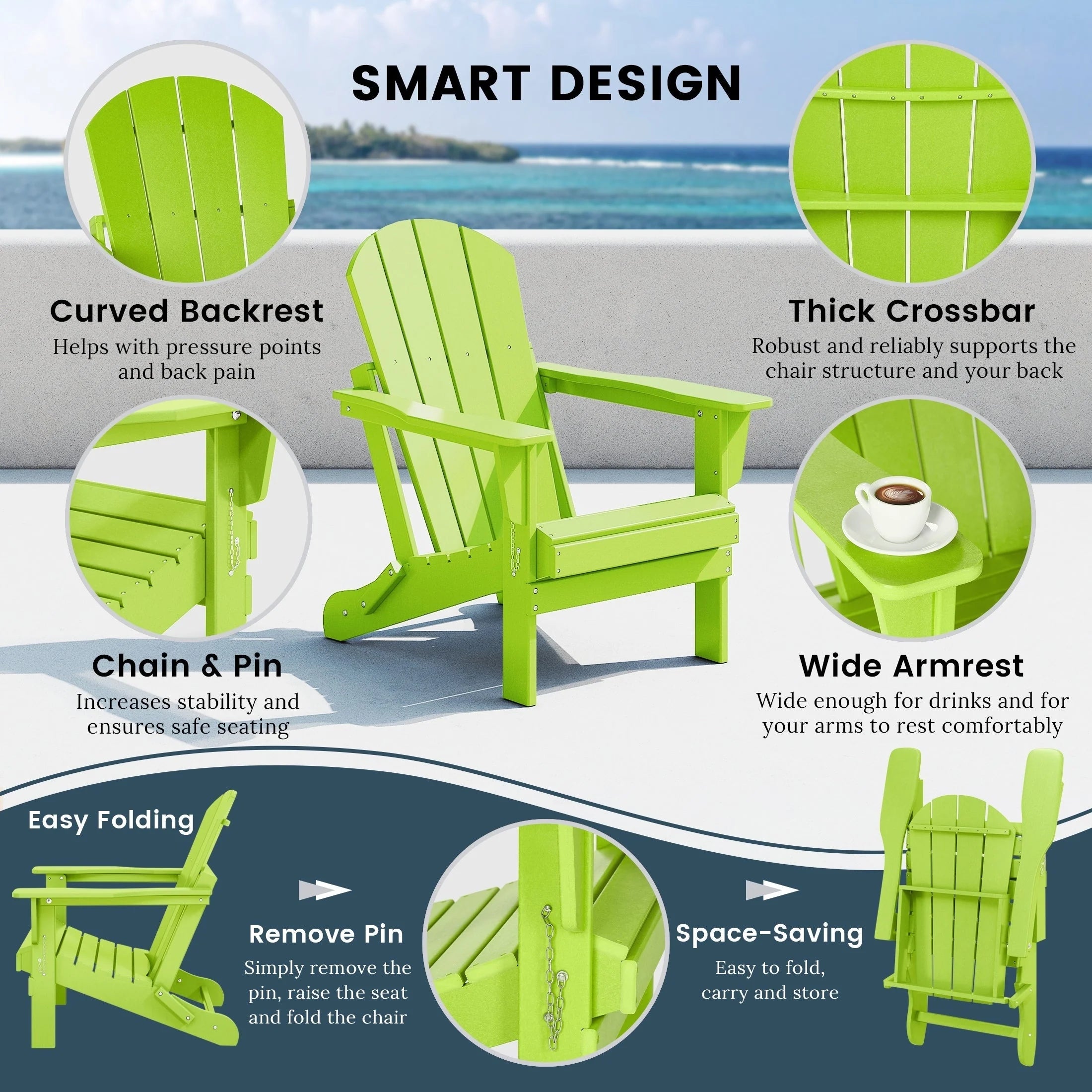 Chaise Adirondack pliante d'extérieur tout temps Polytrends Laguna résistante à la décoloration pour patio