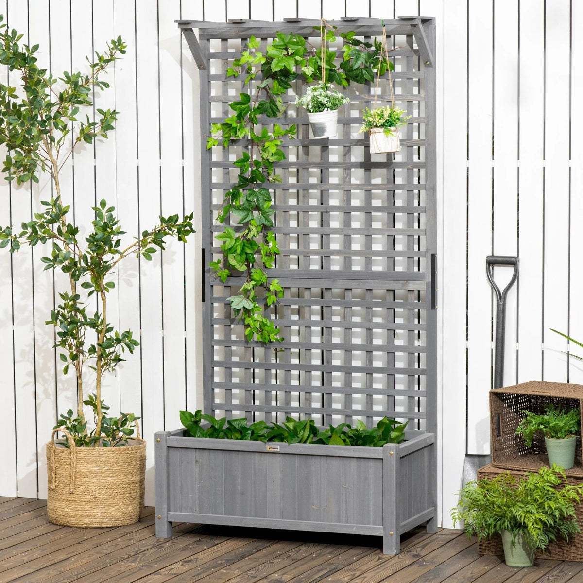 Jardinière en bois Outsunny avec treillis, lit de jardin surélevé pour plantes grimpantes avec trous de drainage et toit