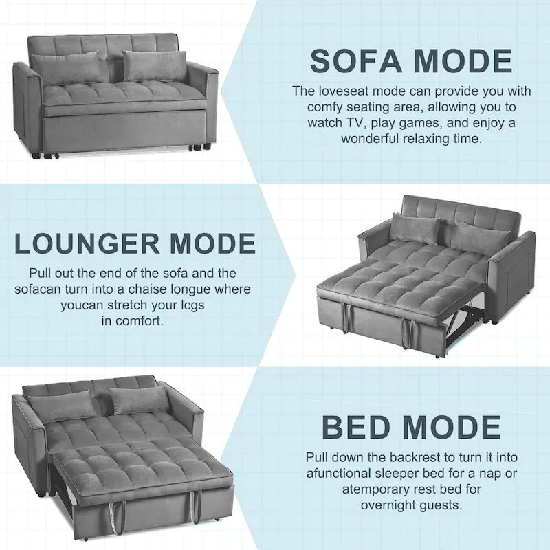 Causeuse futon moderne en velours avec dossier inclinable et poches, 2 places — Gris foncé / Gris clair / Bleu / Noir