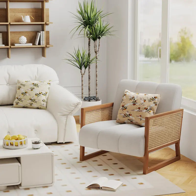 Fauteuils d'appoint en rotin, chaise en rotin naturel rembourrée, fauteuil en lin de style moderne du milieu du siècle, chaises d'appoint pour salon et chambre