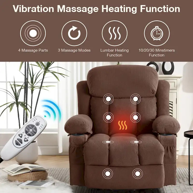 Fauteuil inclinable électrique gris avec massage chauffant, chargement USB, télécommande et poches latérales pratiques pour les personnes âgées