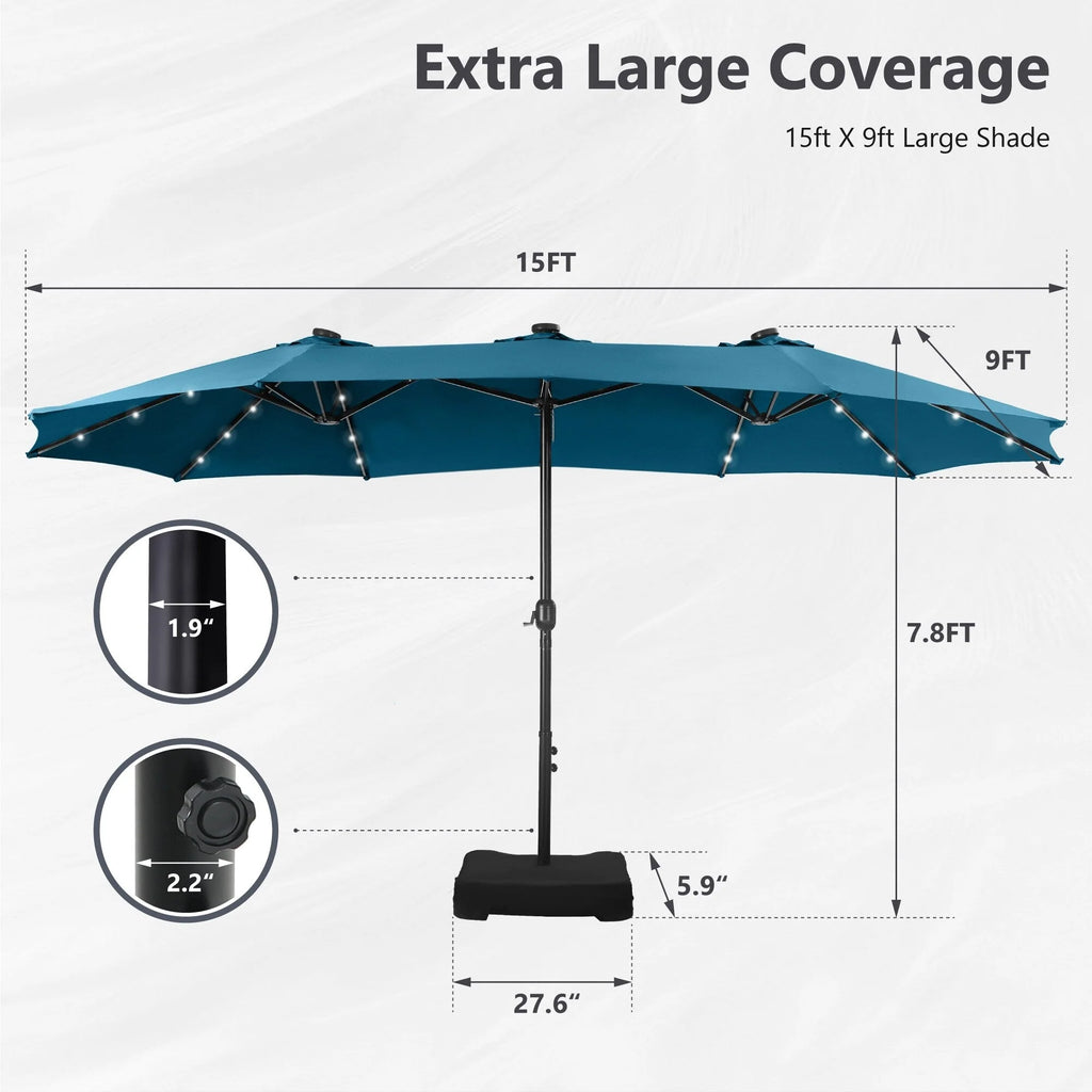 MAISON ARTS Parasol excentré rectangulaire de 4,5 m avec manivelle, parasol de marché double face d'extérieur avec lumières LED solaires et base incluse