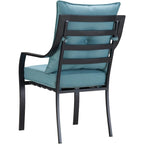 Ensemble de salle à manger Hanover Lavallette 5 pièces bleu océan avec 4 chaises fixes, une table ronde en verre de 52 pouces, un parasol et une base