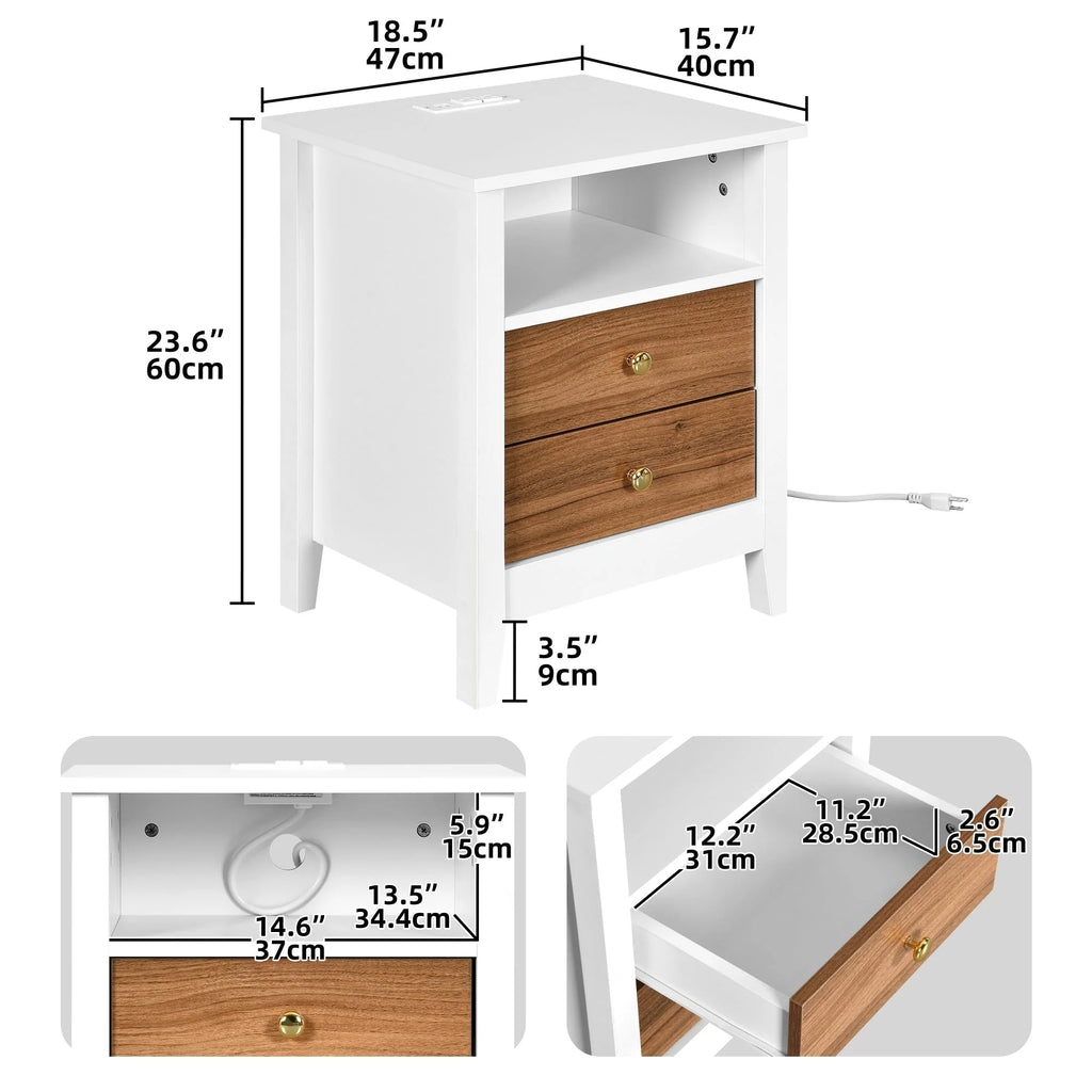 Tables de chevet (lot de 2) avec station de charge, table d'appoint avec 2 tiroirs, ports USB et prises, pour chambre à coucher