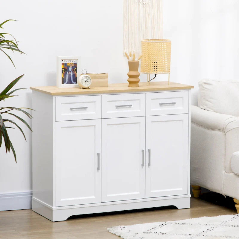Meuble de Rangement Buffet de Cuisine Blanc avec 3 Tiroirs et Étagère Réglable