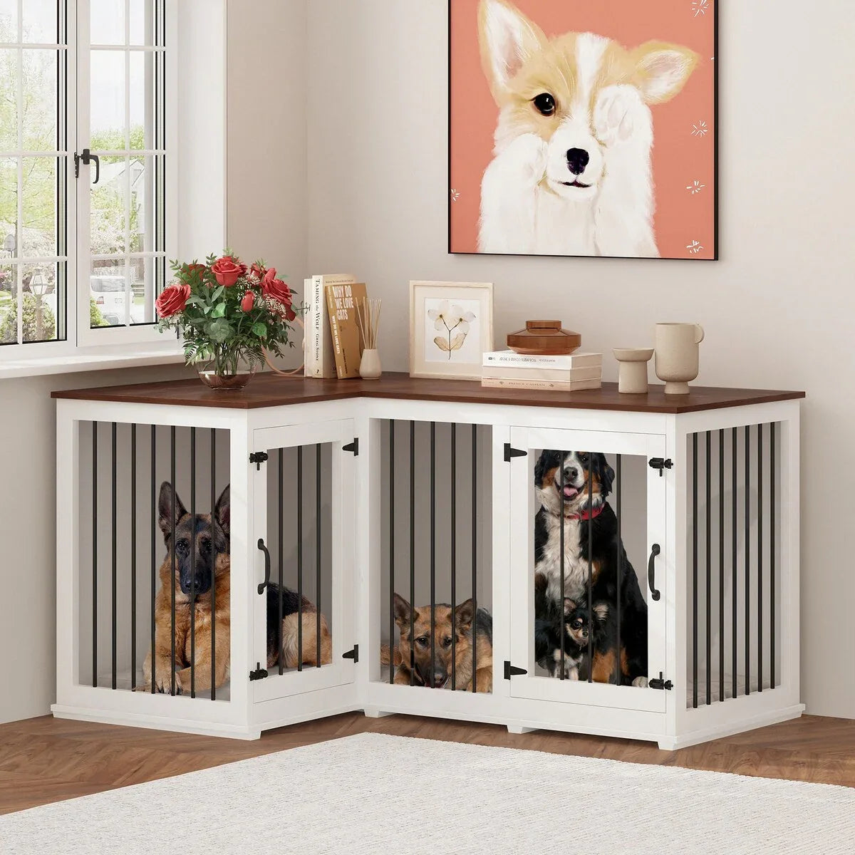 Grand meuble de caisse d'angle pour 2 chiens, cage pour chien en forme de L - 58,7X41,1