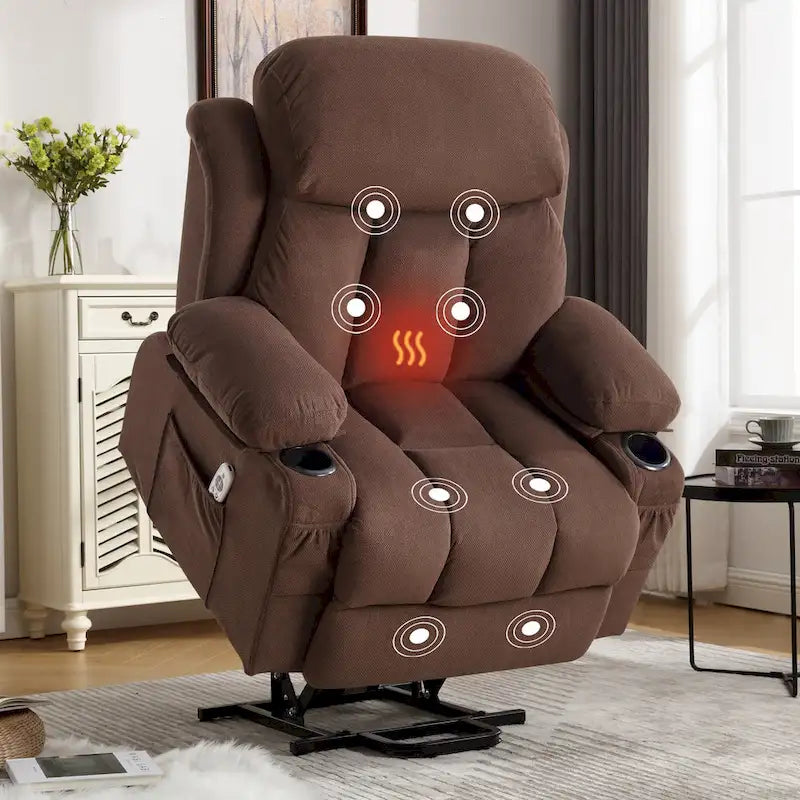 Fauteuil inclinable électrique gris avec massage chauffant, chargement USB, télécommande et poches latérales pratiques pour les personnes âgées