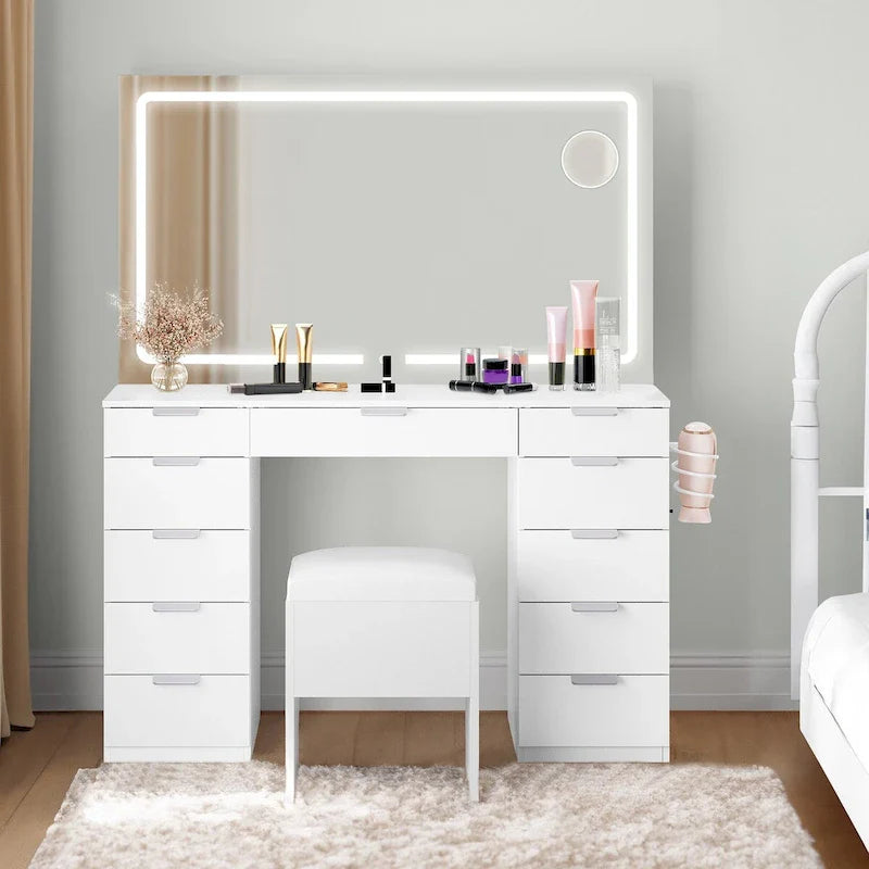 Moasis 46 Coiffeuse avec prise intégrée, miroir éclairé et support pour sèche-cheveux – 55,8 H x 46 L x 11,7 P