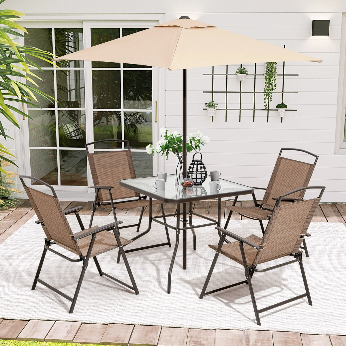 Ensemble de patio 6 pièces Pellebant avec table, parasol et 4 chaises pliantes – 22,4 L x 26,8 P x 34,4 H