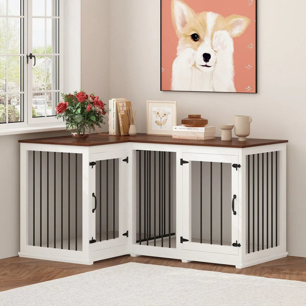 Grand meuble de caisse d'angle pour 2 chiens, cage pour chien en forme de L - 58,7X41,1