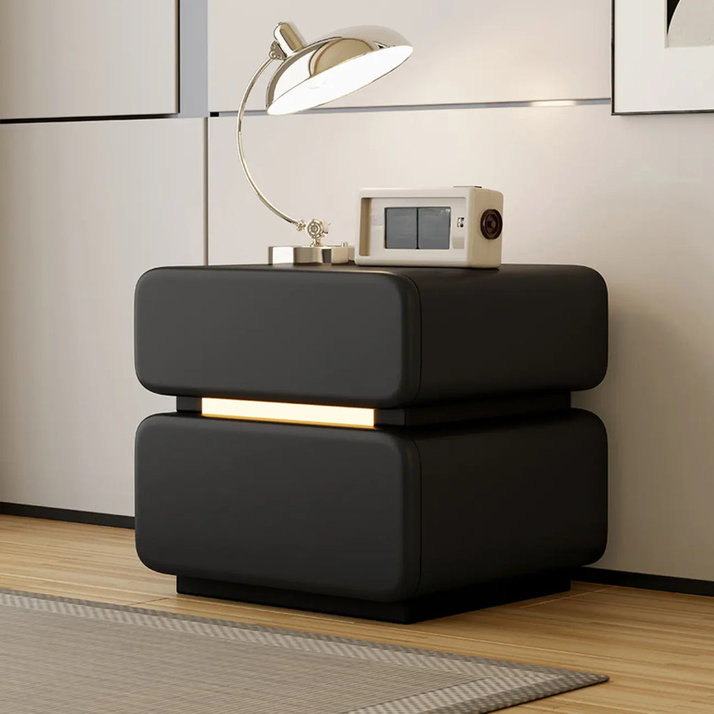 Table de chevet d'appoint moderne en cuir noir avec 2 tiroirs