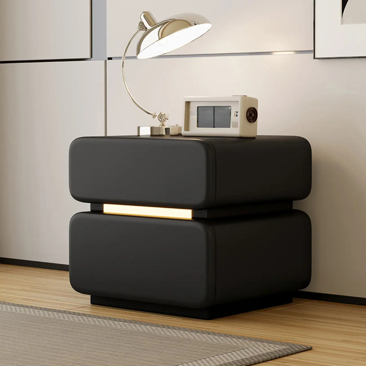 Table de chevet d'appoint moderne en cuir noir avec 2 tiroirs