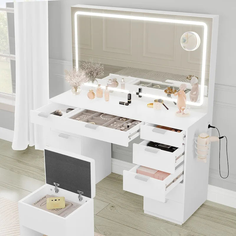 Moasis 46 Coiffeuse avec prise intégrée, miroir éclairé et support pour sèche-cheveux – 55,8 H x 46 L x 11,7 P