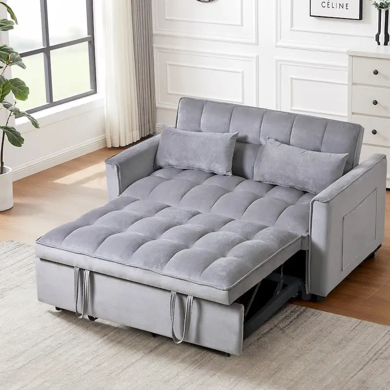 Causeuse futon moderne en velours avec dossier inclinable et poches, 2 places — Gris foncé / Gris clair / Bleu / Noir