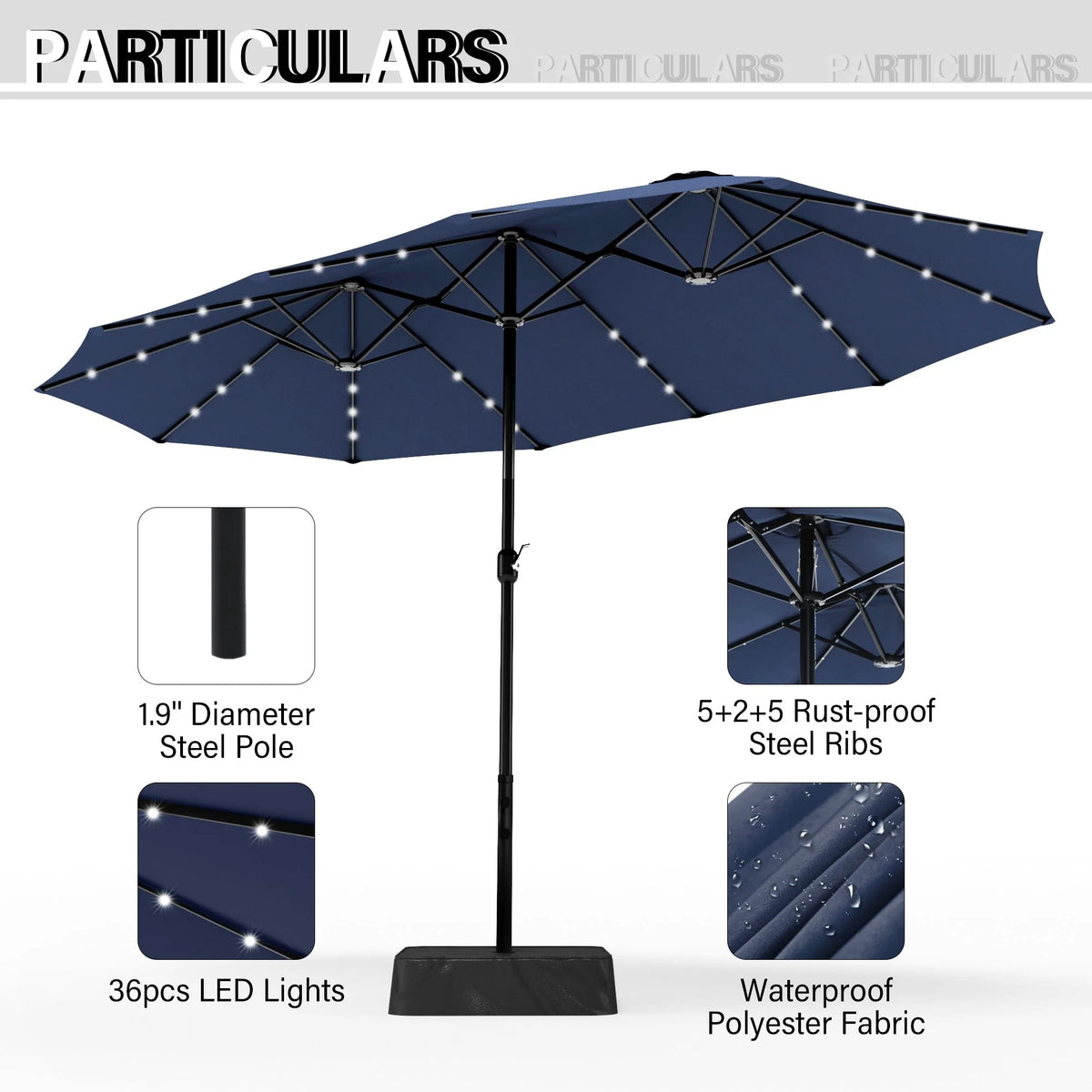 MAISON ARTS Parasol excentré rectangulaire de 4,5 m avec manivelle, parasol de marché double face d'extérieur avec lumières LED solaires et base incluse