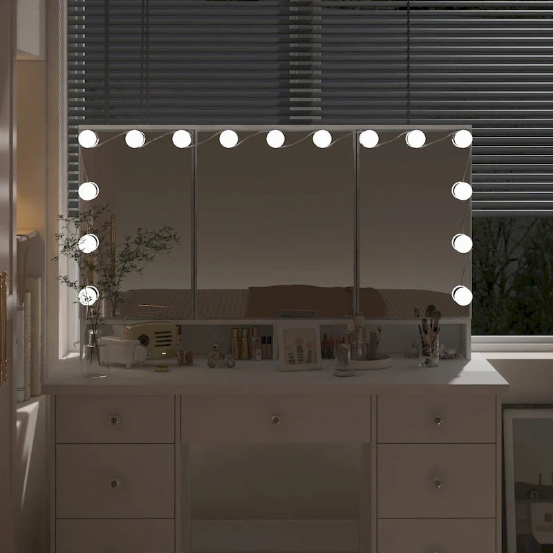 Coiffeuse LED de luxe avec 9 tiroirs, station de maquillage élégante