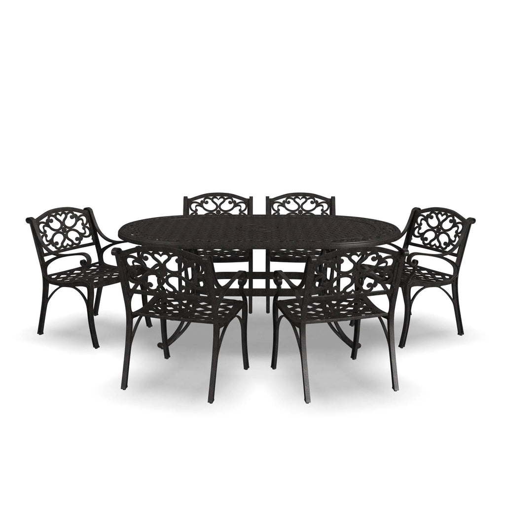 Ensemble de salle à manger d'extérieur 7 pièces en aluminium bronze Sanibel avec table à manger ovale de 72 et six fauteuils par Homestyles