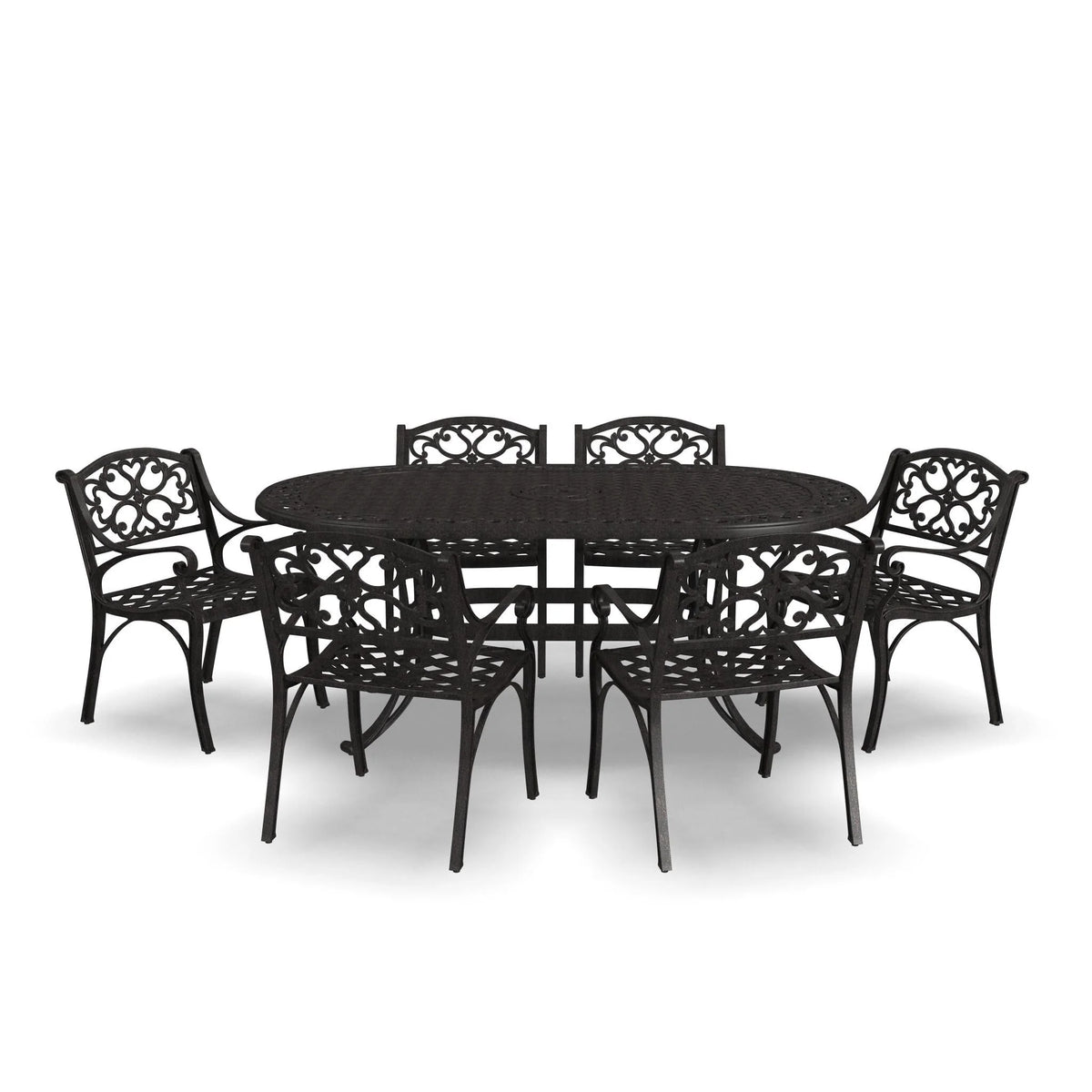 Ensemble de salle à manger d'extérieur 7 pièces en aluminium bronze Sanibel avec table à manger ovale de 72 et six fauteuils par Homestyles