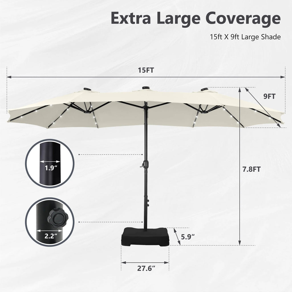 MAISON ARTS Parasol excentré rectangulaire de 4,5 m avec manivelle, parasol de marché double face d'extérieur avec lumières LED solaires et base incluse