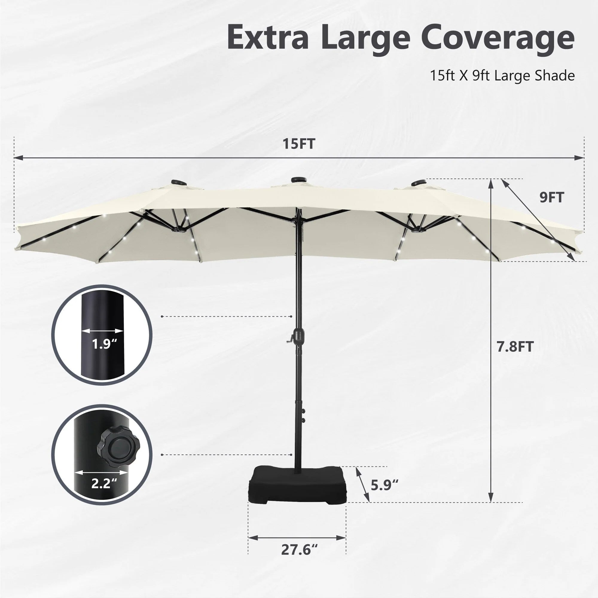 MAISON ARTS Parasol excentré rectangulaire de 4,5 m avec manivelle, parasol de marché double face d'extérieur avec lumières LED solaires et base incluse