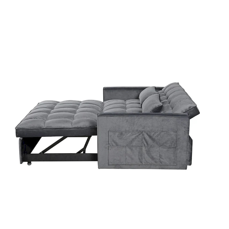 Causeuse futon moderne en velours avec dossier inclinable et poches, 2 places — Gris foncé / Gris clair / Bleu / Noir