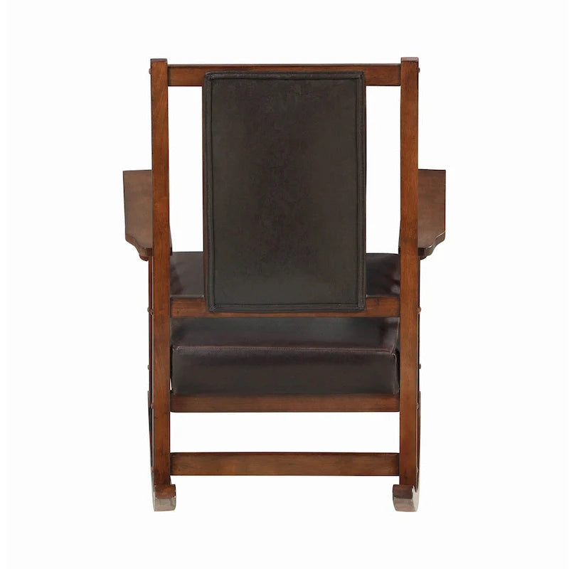 Fauteuil à bascule de style Mission, assise et dossier en cuir, tabac et marron foncé