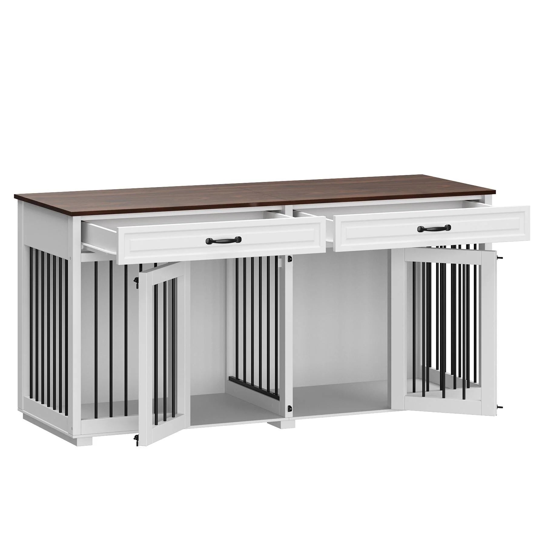Meuble de chenil double en bois avec 2 tiroirs et séparateur