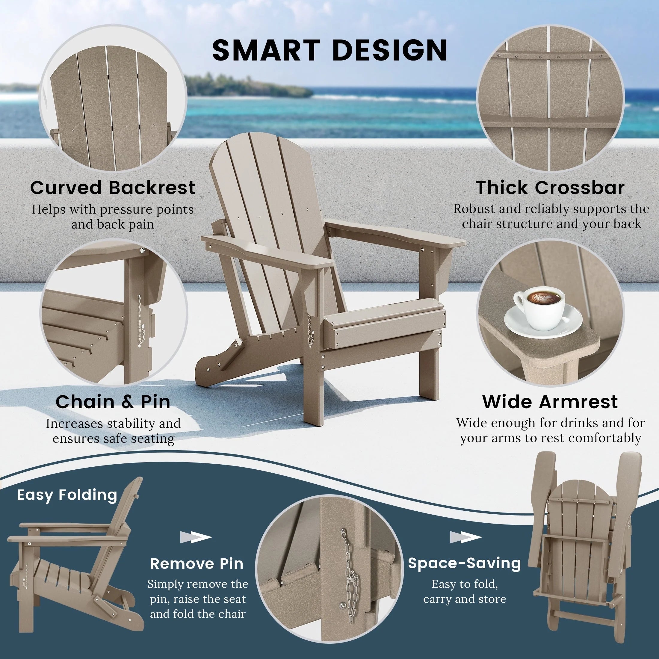 Chaise Adirondack pliante d'extérieur tout temps Polytrends Laguna résistante à la décoloration pour patio
