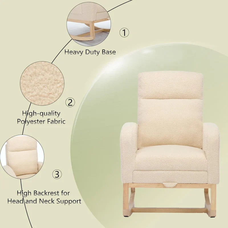 Fauteuil à bascule rembourré moderne de 75 cm de hauteur avec dossier haut, pieds en bois massif et repose-pieds réglable