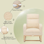 Fauteuil à bascule rembourré moderne de 75 cm de hauteur avec dossier haut, pieds en bois massif et repose-pieds réglable