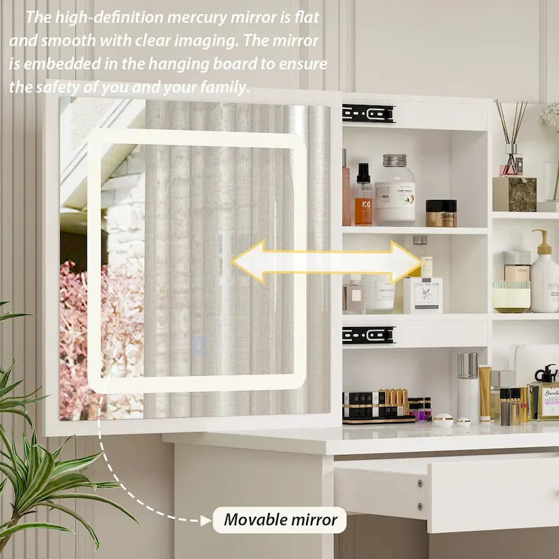 Coiffeuse Blanche avec Miroir LED et Tabouret - 100 cm de Large