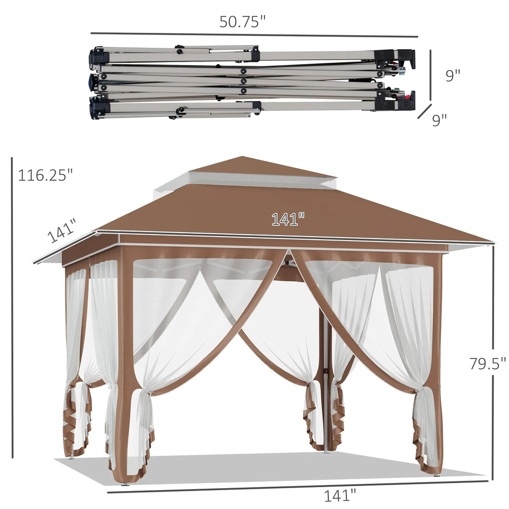 Outsunny 12 x 12 Tonnelle escamotable Pare-soleil Tente instantanée pliable avec filet latéral en maille, Hauteur réglable sur 3 niveaux