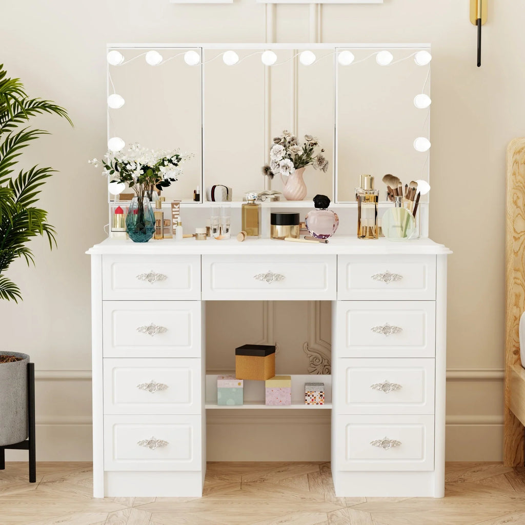 Coiffeuse moderne blanche avec miroir pliable éclairage réglable - 102,1 x 137,4 cm