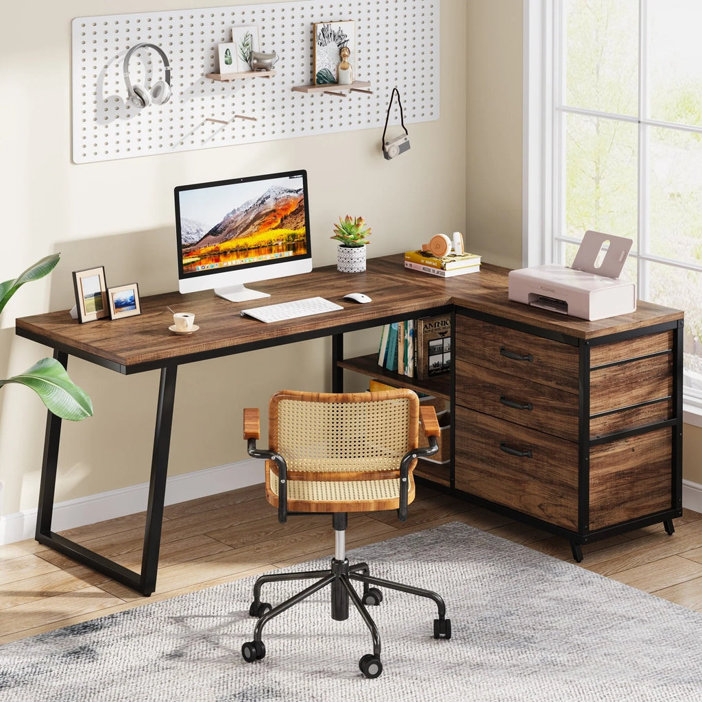 Bureau d'angle en L réversible avec tiroirs de classement, bureau d'ordinateur d'angle