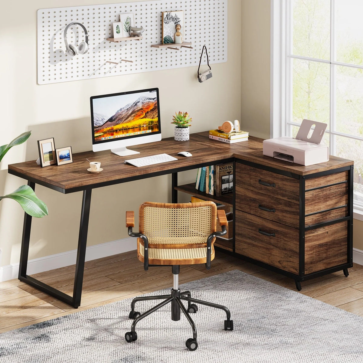 Bureau d'angle en L réversible avec tiroirs de classement, bureau d'ordinateur d'angle