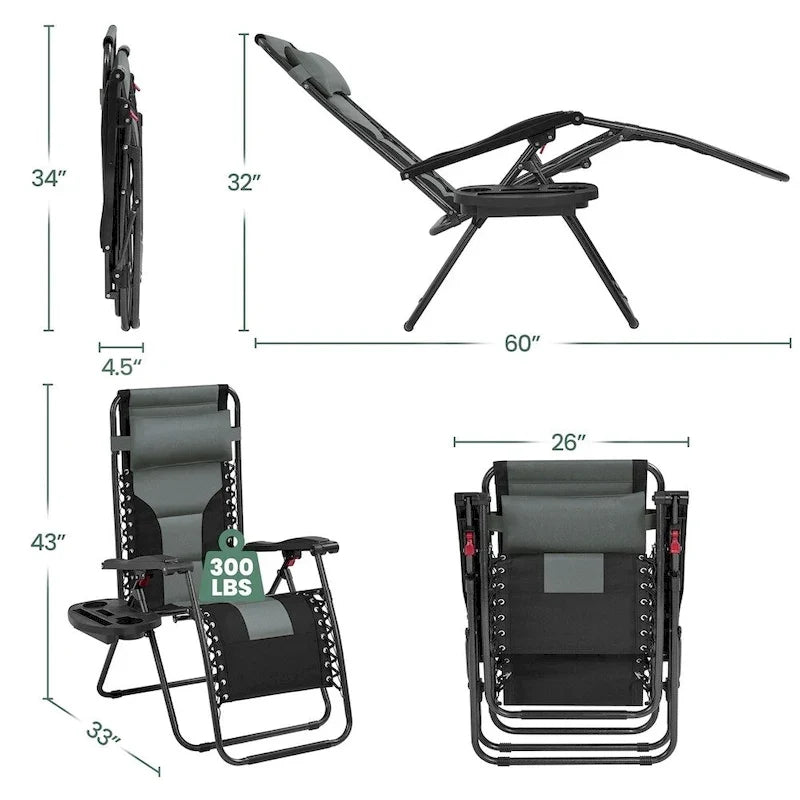 Yaheetech Lot de 2 chaises longues de jardin/camping zéro gravité rembourrées 66 cm avec accoudoirs et oreiller